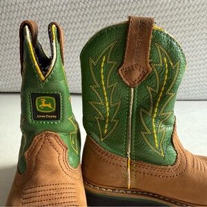 John Deere Kids Green and Brown Leather Boots